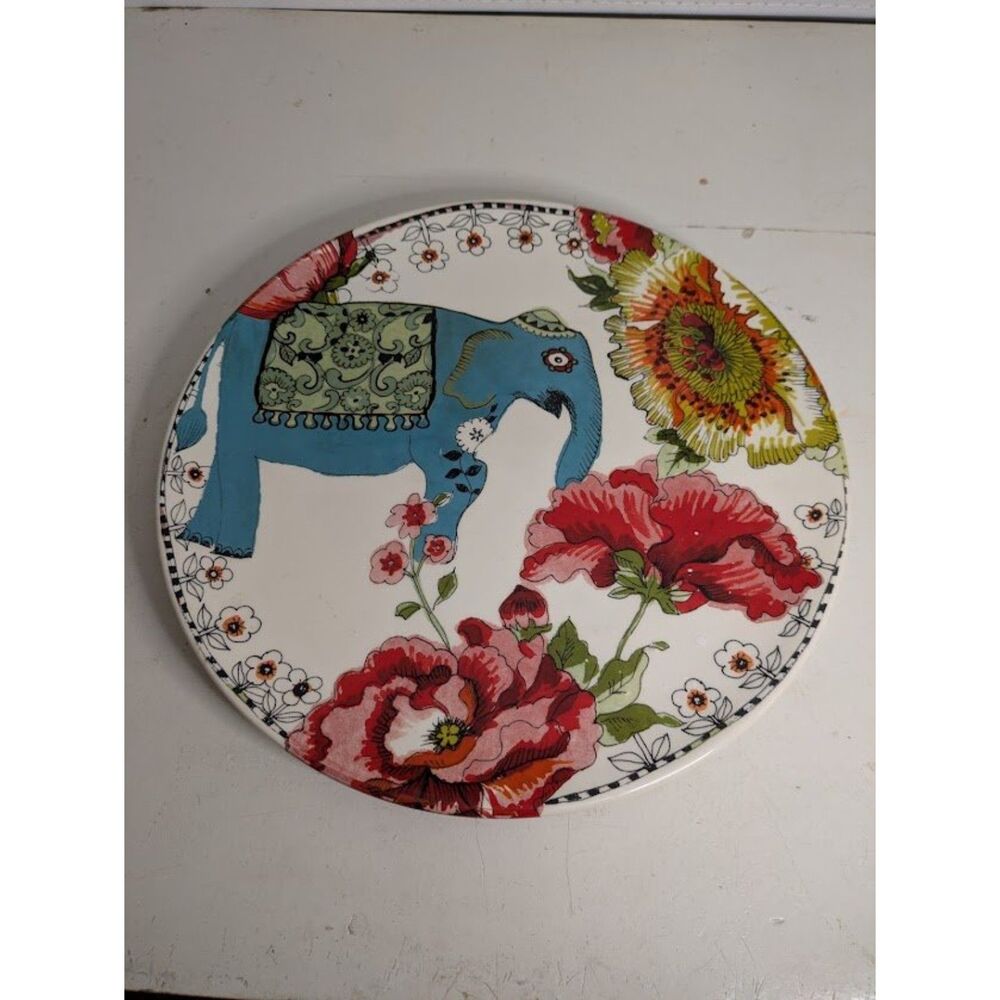 World Market Cost Plus Decorative Ceramic Dinner Plate Blue Elephant Floral